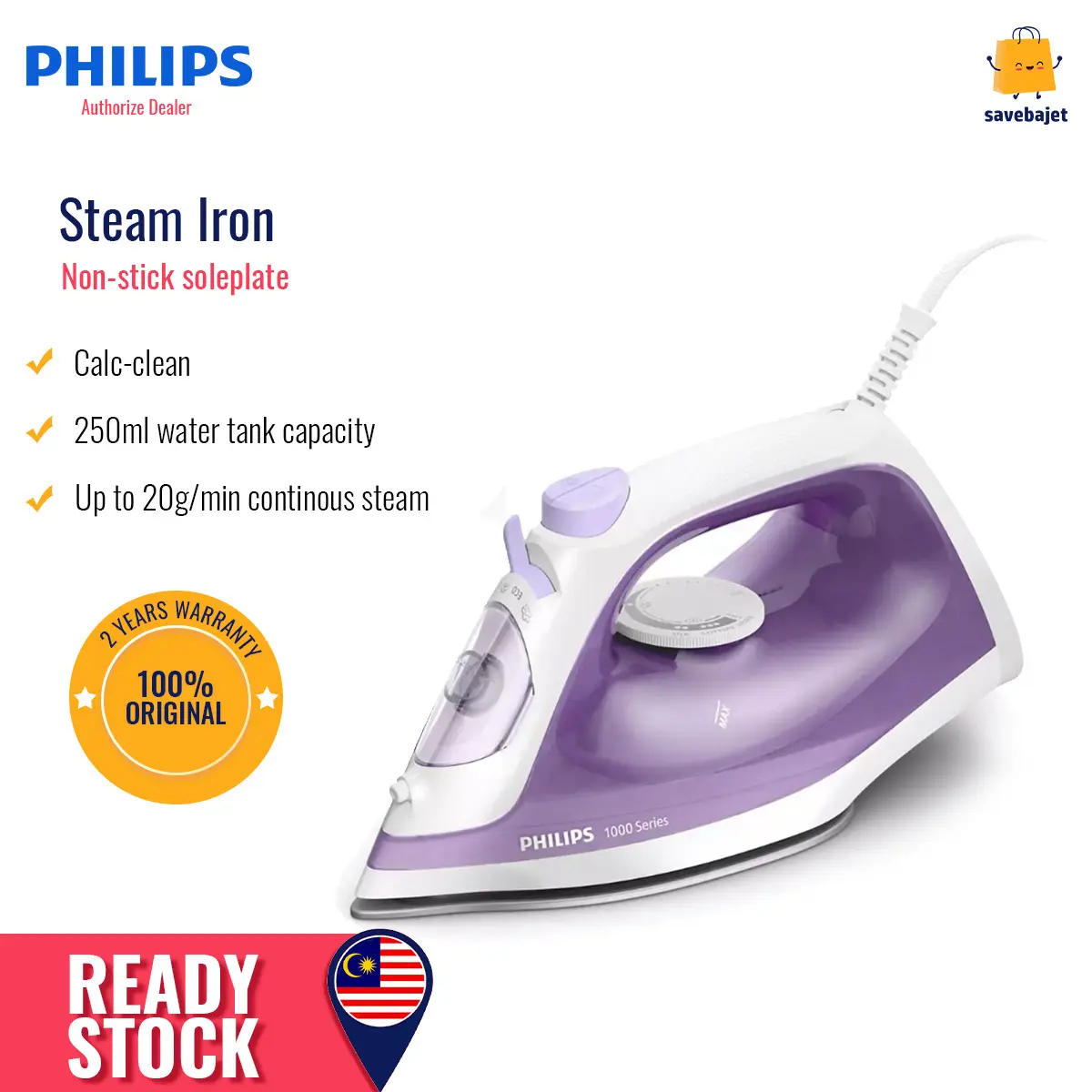 Philips 2000W Steam Iron with Non-Stick Soleplate DST1040/30 Setrika Gosok Baju