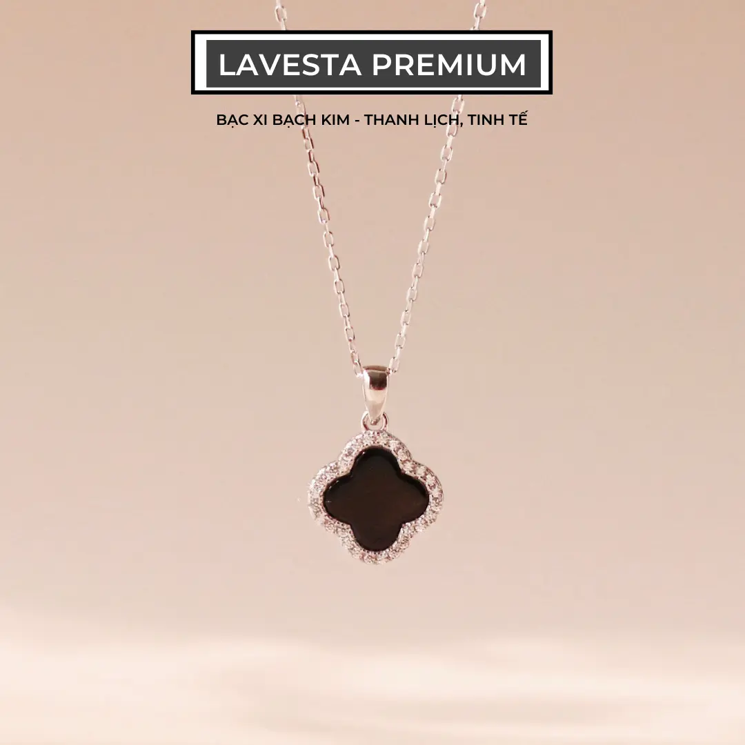 Dây chuyền nữ bạc xi bạch kim LAVESTA LAV058 thiết kế cỏ 4 lá mặt đá đen Azura Necklace thanh lịch