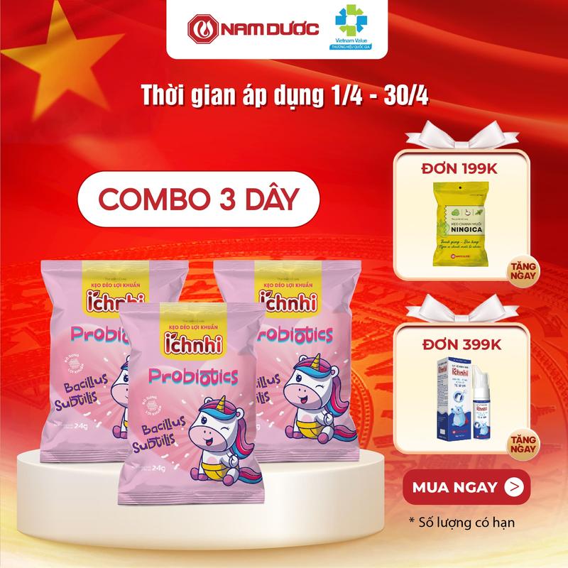 Combo 3 dây kẹo dẻo lợi khuẩn Ích Nhi (dây 10 gói) chứa lợi khuẩn bacillus subtilis