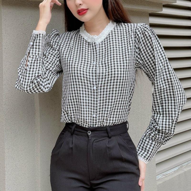 MD Clothing A148 - Áo Caro Viền Nữ Tay Dễ Thương Chất Vải Lụa Mềm Mịn Size S-XL Thời Trang Công Sở Trẻ Trung Năng Động