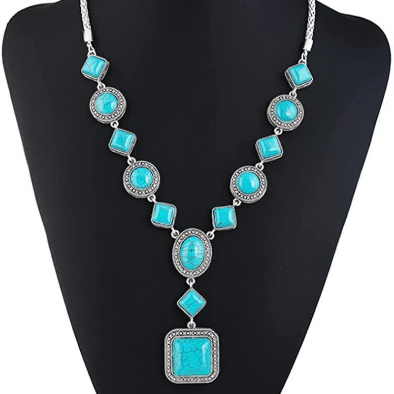 [Complete Turquoise Bead Jewelry Set] Bohemian Turquoise Necklace Round Necklace Bracelet Earrings Bead Jewelry Set 3