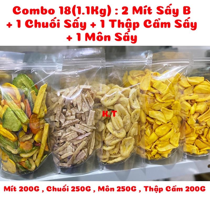 Combo 18 (1.1Kg) 5 Túi : 2 Mít Sấy Nguyên B + 1 Chuối Sấy nguyên A + 1 Khoai Môn Sấy Vụn To + 1 Trái Cây Sấy A - Thơm giòn được đóng gói bằng túi zipper trong