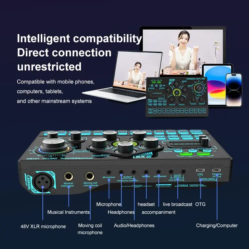 USB Rechargeable Sound Card, Professional Live Sound System Card, Live Streaming Mixing Console, Audio Mixer for Live Streaming, Karaoke, DJ, Music Production 7