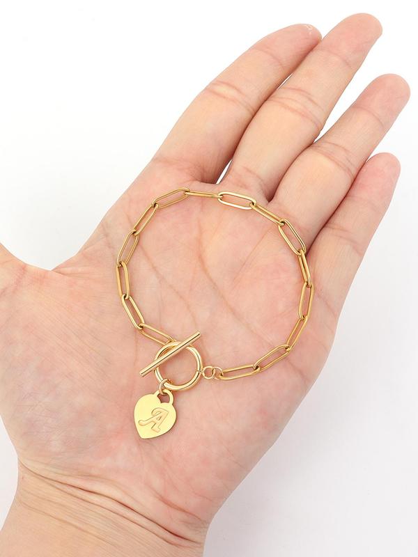 Heart Initial Charm Decor Bracelet, Fashion Stainless Steel Toggle Clasps Paper Clip Chain Bracelet for Women, Trendy All-match & Exquisite Jewelry for Birthday Gift 3
