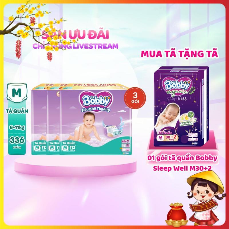 COMBO 3-TẶNG TQ SLEEP-WELL Bobby Tã bỉm quần M112 L96 XL84 XXL76 siêu khô thoáng