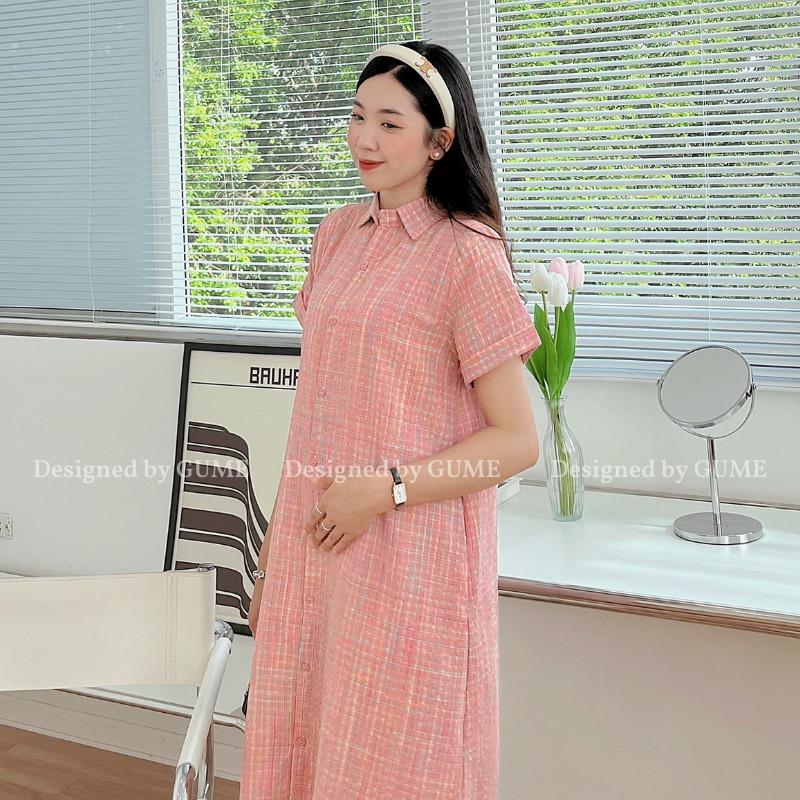 Váy bầu kẻ hồng cổ đức, size 40-100kg, dáng suông mở cúc phía trên GM106 5