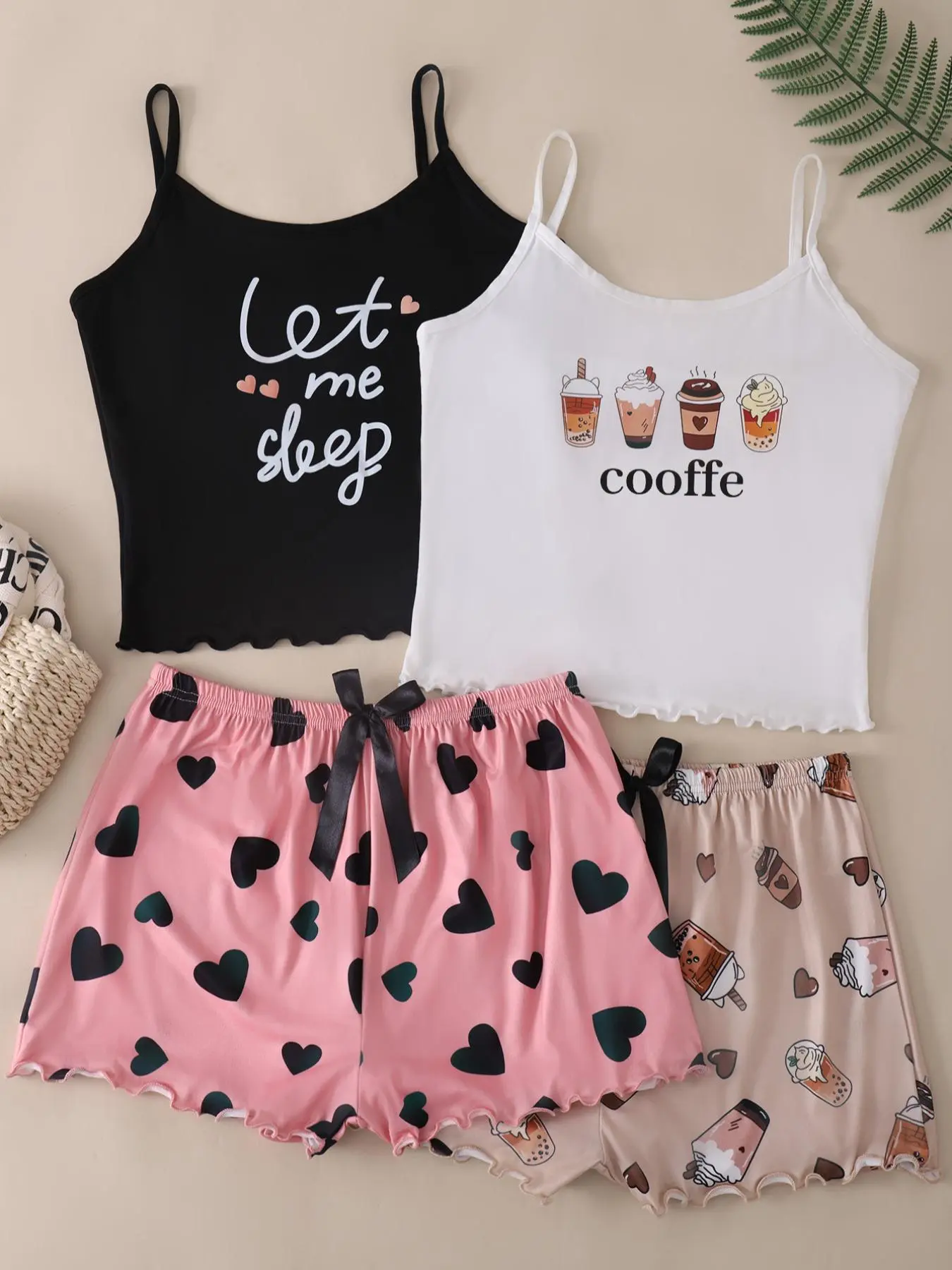 Women's Cartoon Print Lettuce Trim Crop Cami Top & Bow Decor Shorts Loungewear Set, Casual Comfy Loungewear Set for Women, Comfy Loungewear Set for Summer
