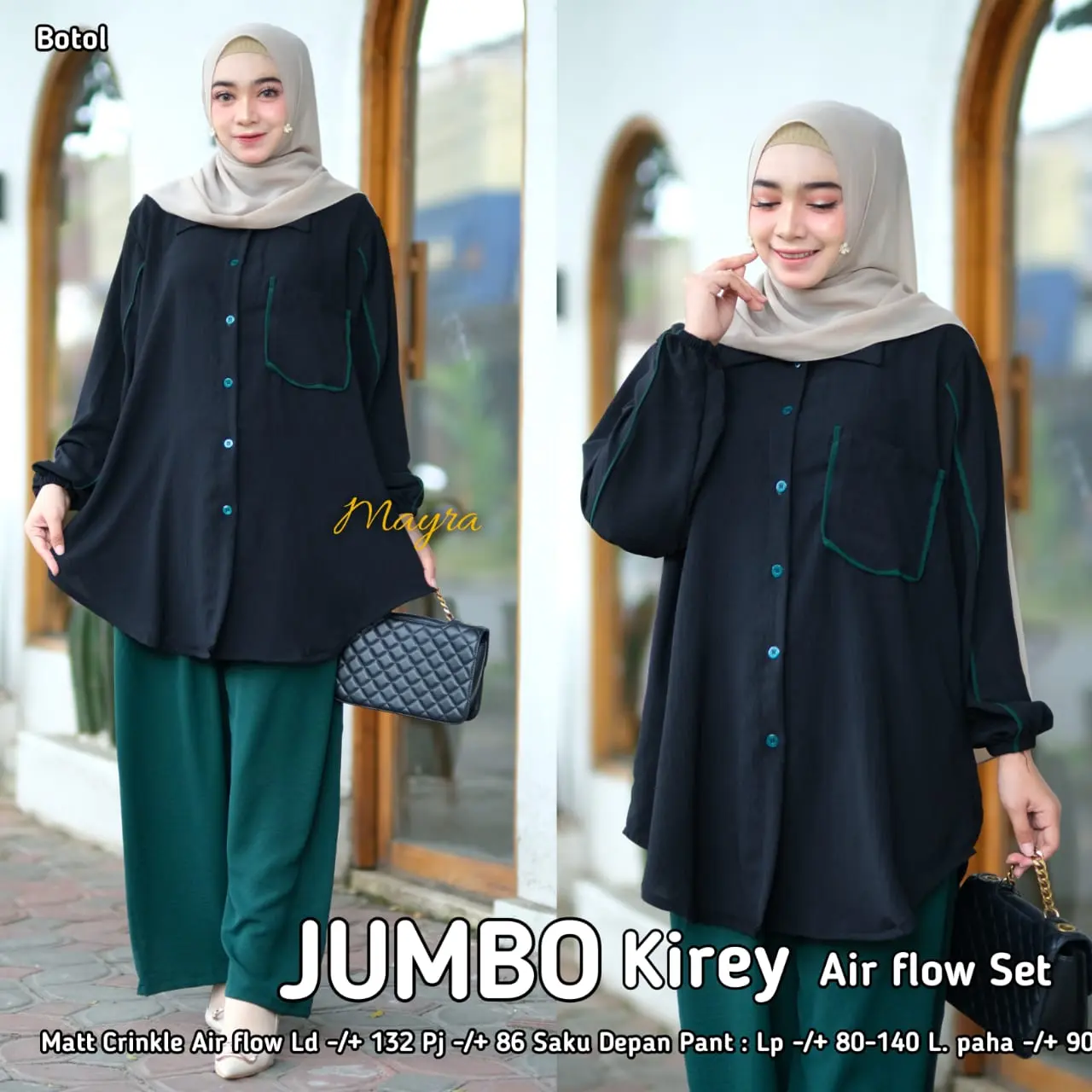 Setelan Super Jumbo Besar LD 130 Muat Bb 100 Polos Kombinasi Bahan Crinkle Airfolw Lembut Baju Atasan Bawahan Celana Panjang Kancing Muslim