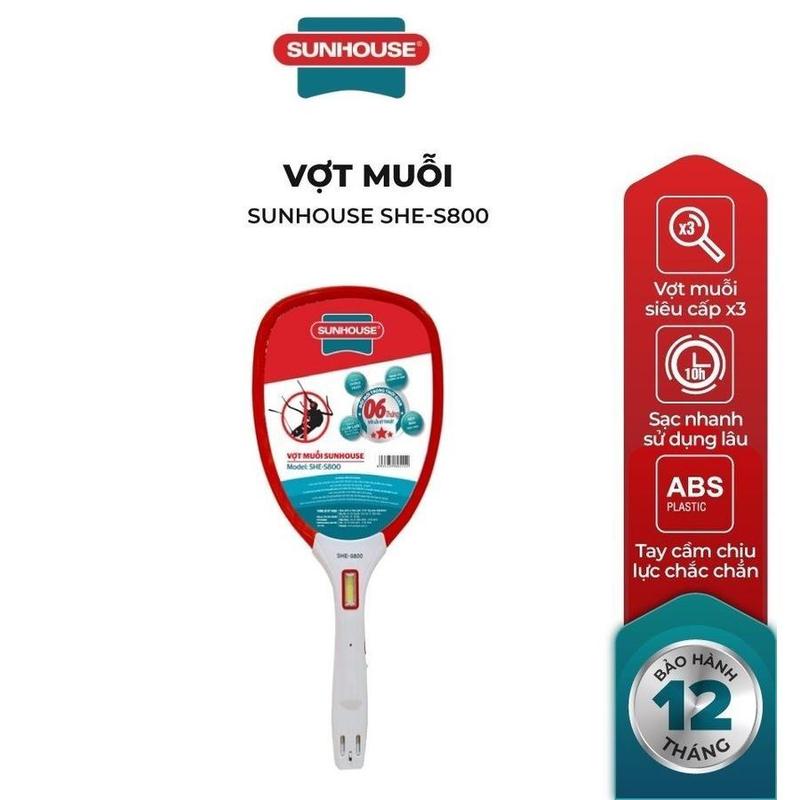  SUNHOUSE Vợt Muỗi SHE-S800 Siêu Cấp X3 ABS Chất Liệu Cao Cấp Tiết Kiệm Điện Năng Bảo Hành 12 Tháng 