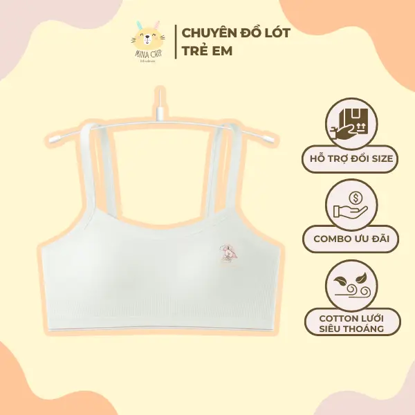 Áo lá 2 dây họa tiết con thỏ dễ thương có đệm mỏng, không gọng cho bé gái mới lớn Mina chip A11