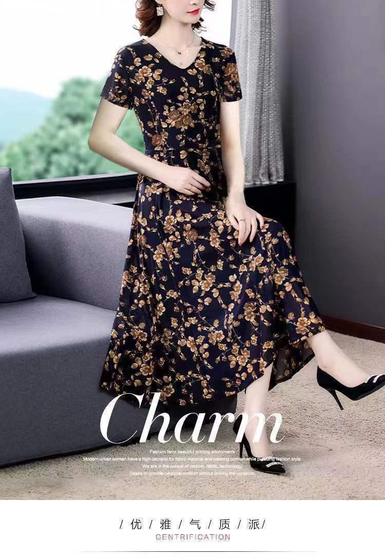 Product Introduction of Váy Hoa ngắn Tay, Thời Trang Cao Cấp, Thích Hợp Cho Mùa Thu, Ngoại Cỡ, Che Bụng, Trông Trẻ Trung, Quần Áo Cho Mẹ, Dài Trung Bình Nữ Dress 38