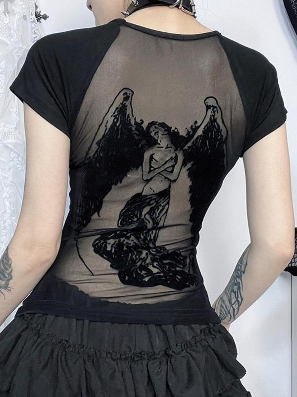 Women's Angel Print Contrast Mesh Tee, Punk Raglan Sleeve Round Neck T-shirt, Vintage 90s Graphic Tees, Ladies Clothes for Summer,  Fashion Icon 1