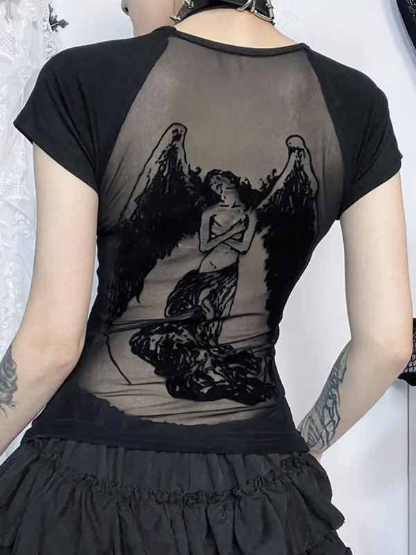 Women's Angel Print Contrast Mesh Tee, Punk Raglan Sleeve Round Neck T-shirt, Vintage 90s Graphic Tees, Ladies Clothes for Summer,  Fashion Icon 1