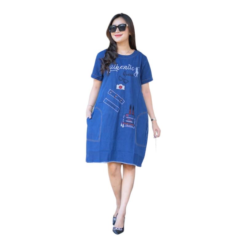 Baju Dress Jeans Casual Wanita Jumbo Motif Polos Bordir Kancing Midi Panjang Pesta Dewasa Atasan Hitam Navy Terusan 4