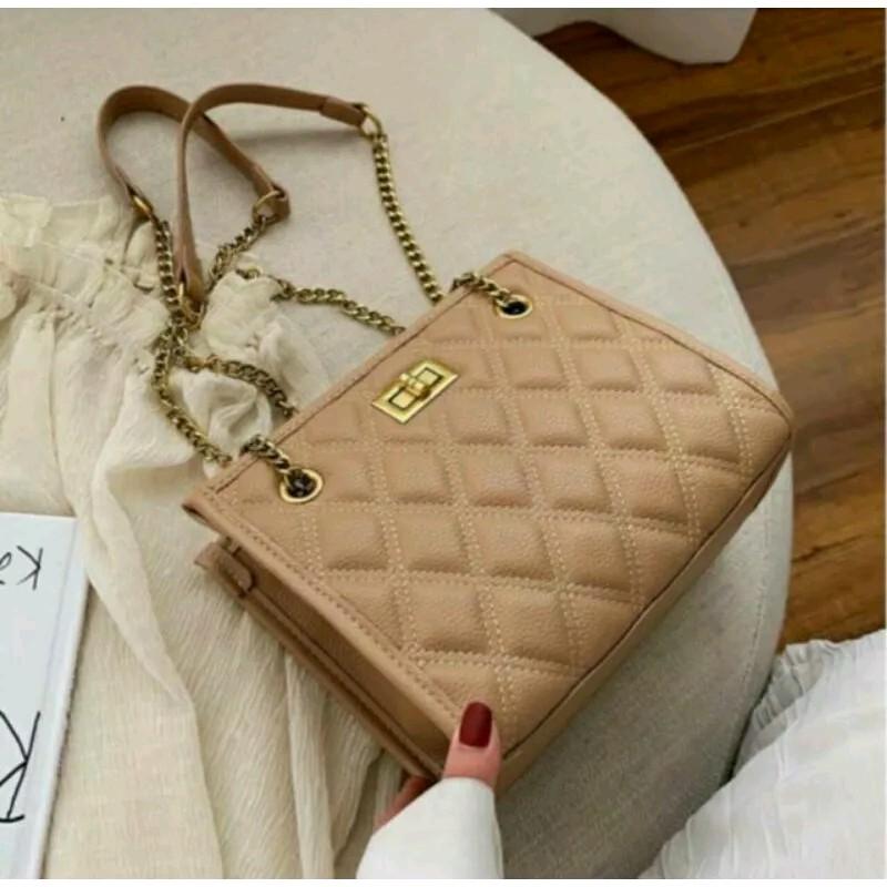 Tas Tote Bag Bahu Selempang Wanita Handbag Rantai Motif Setrip Kotak 2