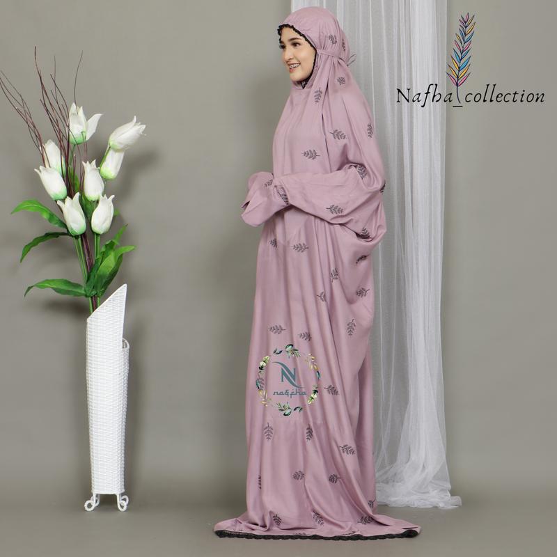 NAFHA - Mukena Terusan Dewasa Nafha Bordir Daily Tropical Katun Mukenah Rayon Wanita Muslim Putih Traveling Panjang 7