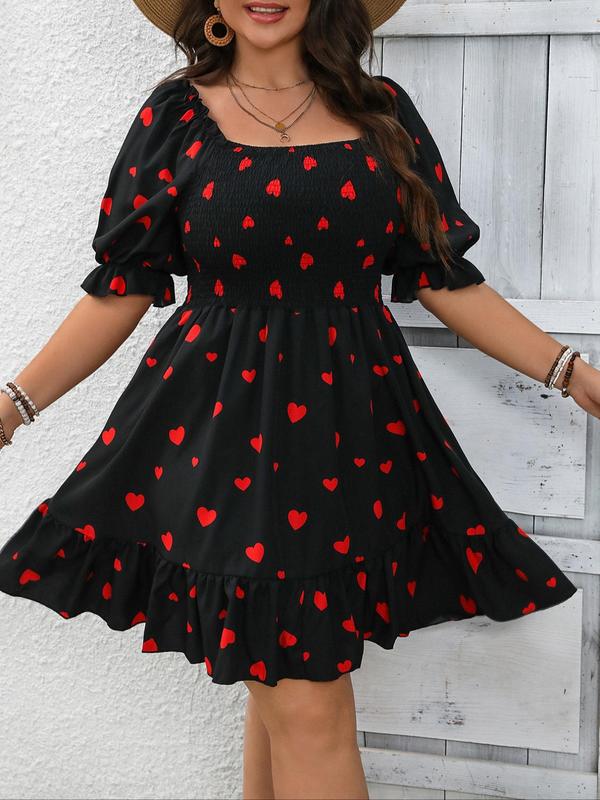 Plus Size Heart Print Ruffle Hem Shirred Dress, Casual Flounce Sleeve Square Neck A Line Dress, Women's Clothes for Summer, Summer Dresses 2025, Womenswear 2