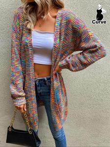 【Plus Size】 Rainbow Stripe Drop Shoulder Cardigan, Casual Long Sleeve Open Front Knitwear for Fall & Winter, Cardigans for Women, Gift Set, Women's Clothing for Daily Wear, Oversized Cool Girl Cardigans