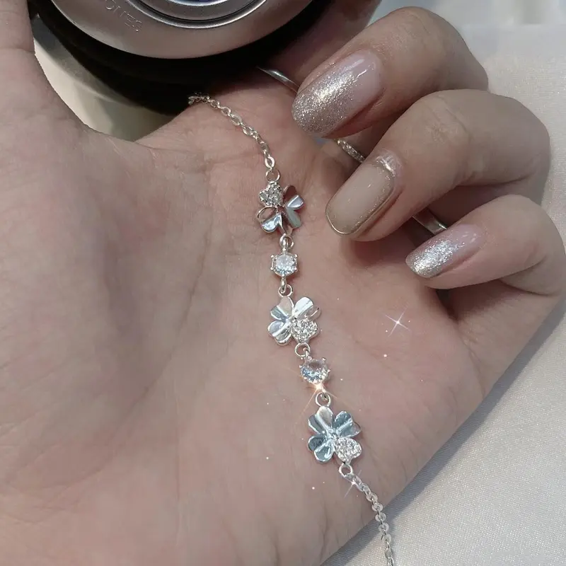 Lắc tay bạc nữ HELINO, Lắc tay cỏ bốn lá mix đá V01 2