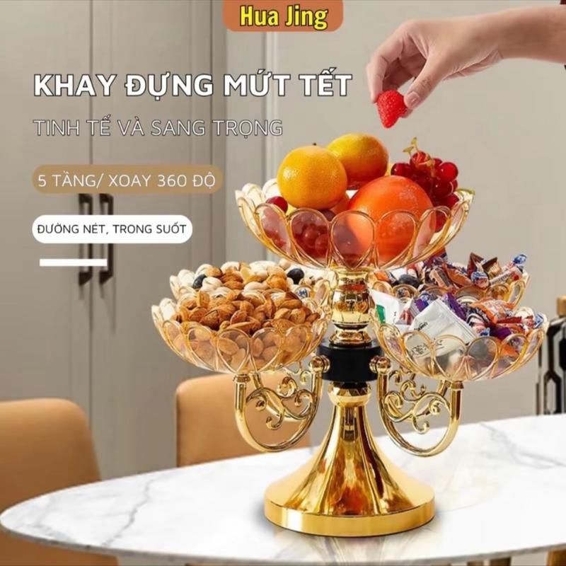 Khay Đựng Mứt Bánh Kẹo Hoa Quả 5 Tầng Nhựa Cao Cấp Khay Đựng Mứt Tết Xoay 360Độ Sang Trọng Phong Cách Châu Âu