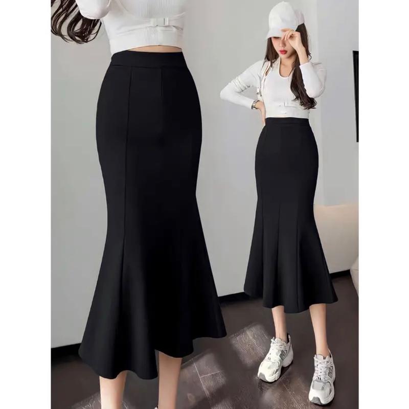 Chân váy đuôi cá lưng chun không dây kéo vải umi cao cấp Nữ Màu Đen Women