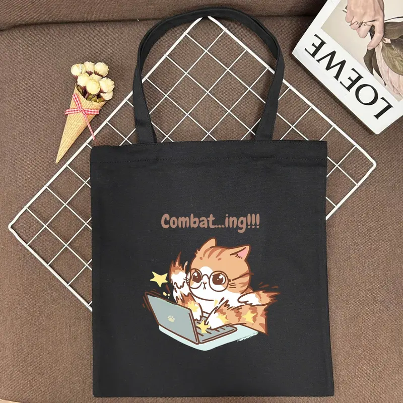 Túi tote nữ in hình mèo cute - Túi vải canvas có khoá kéo và túi phụ đi học, đi chơi - TOTE11 - Bag Chữ Nhật Đeo Vai 3