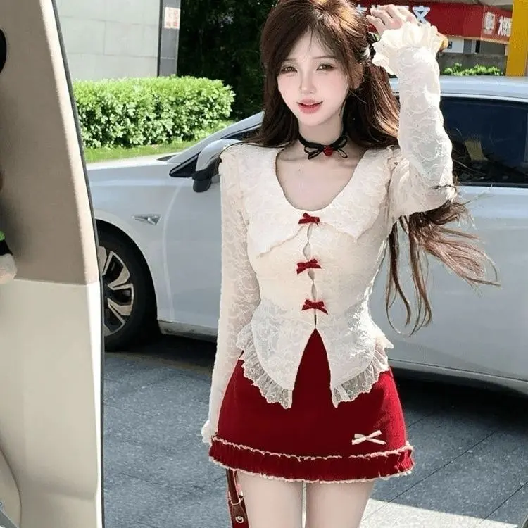 Áo Ren Nơ, Phong Cách Giáng Sinh Dễ Thương Và Gợi Cảm, Áo Dài Tay, Dây Treo Bên Trong, Bộ Váy Bó Sát Cạp Cao, Đẹp Trai