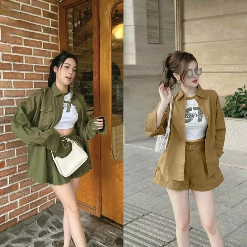 Sét bộ chất cotton lạnh 4 món mặc đi chơi dạo phố, áo thun ngắn tay cổ tròn phối viền hoạ tiết in chữ số kèm áo khoác ngoài dài tay kèm quần đùi ngắn mix đai lưng Nữ Women Topb Tre Kem Sen 2