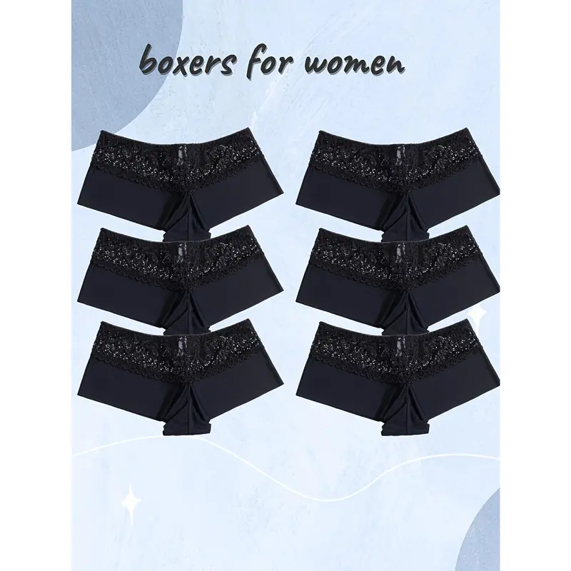 6 Pieces Lace Stitched Boy Shorts, Soft and Comfortable Stretch Panties, Women's Underwear and Underwear 8
