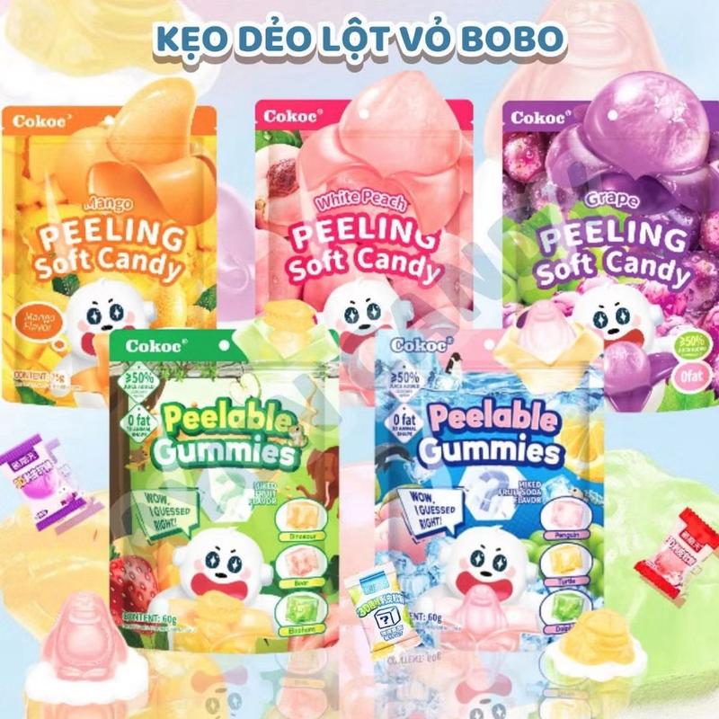 ￼combo 5 bịch  DẺO CÂY LỘT VỎ 3D BoBo Cokoc  6 VỊ -  MIX DÂU TÁO XOÀI ĐÀO NHO VẢI XOÀI Ăn Vặt Candy Food Chua Thức Ăn kẹo 