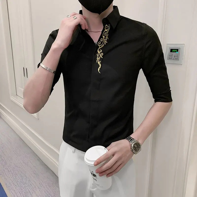 Áo Sơ Mi Tay Áo, Dáng Ôm, Phong Cách, Dành Cho Nam Giới, Hàng Mới Về Mùa Hè, Cao Cấp, Dễ Phối Đồ, Áo Sơ Mi Thường Ngày Áo Nam, Đồ Lót Quần Áo Ngủ Nam, Dáng Ôm, Dài Midi, Màu Be Và Đen, Có Cổ Và Thiết Kế Trơn, Quần Bó Nhiệt Đới