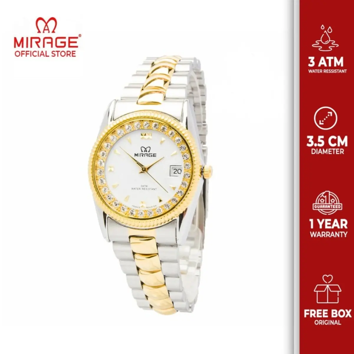 Mirage Watch - Jam Tangan Wanita Permata Mewah SilverGold RX Original Kaca Stainless Watches