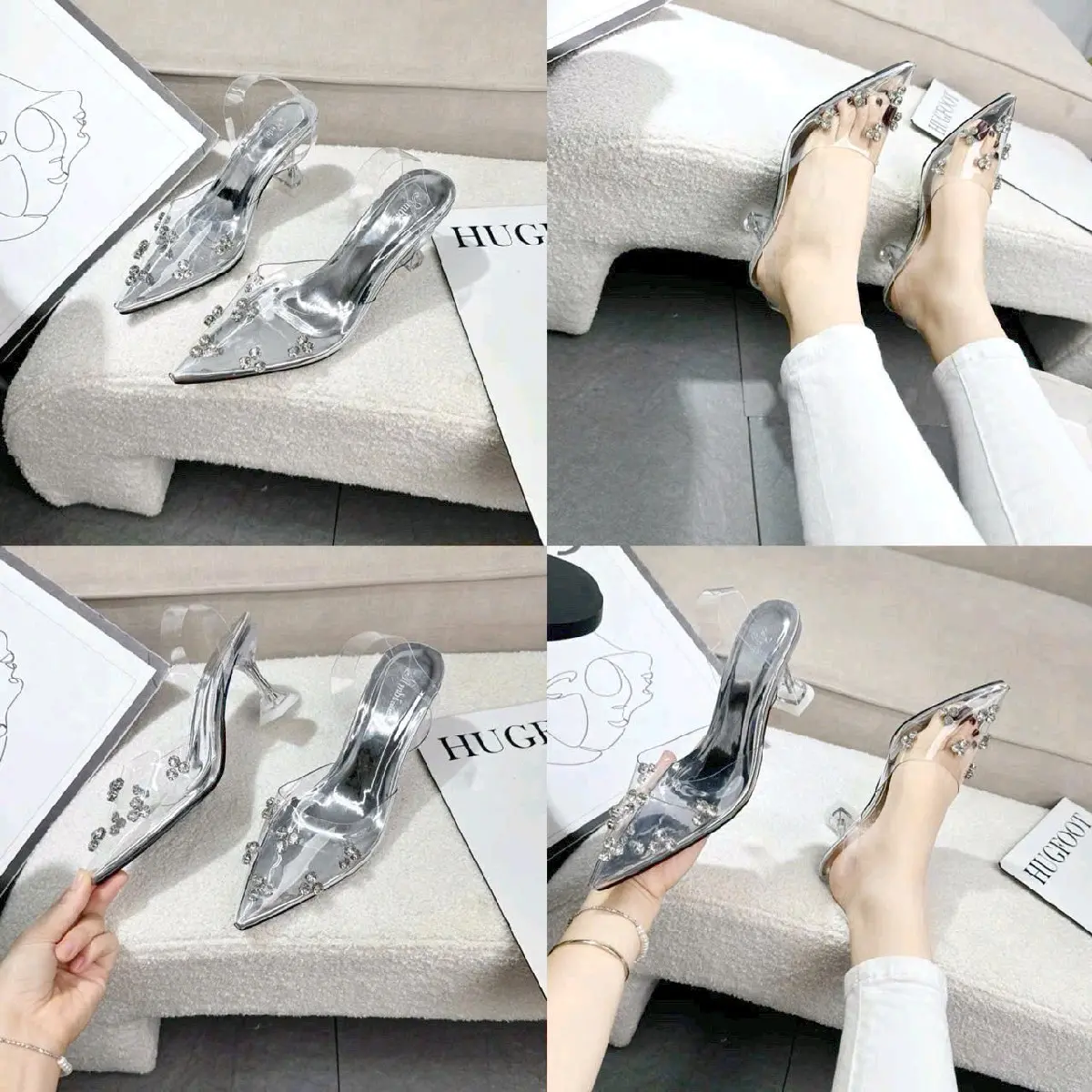 Giày cao gót sandal 3cm 7cm mũi nhọn quai đính đá blink blink xinh xắn Nữ Shoes Sandal giày  trong giày  dep giày  đế 7 phân giay  dep dép  windy luxury giay  7 phan Nhung DéP Jean