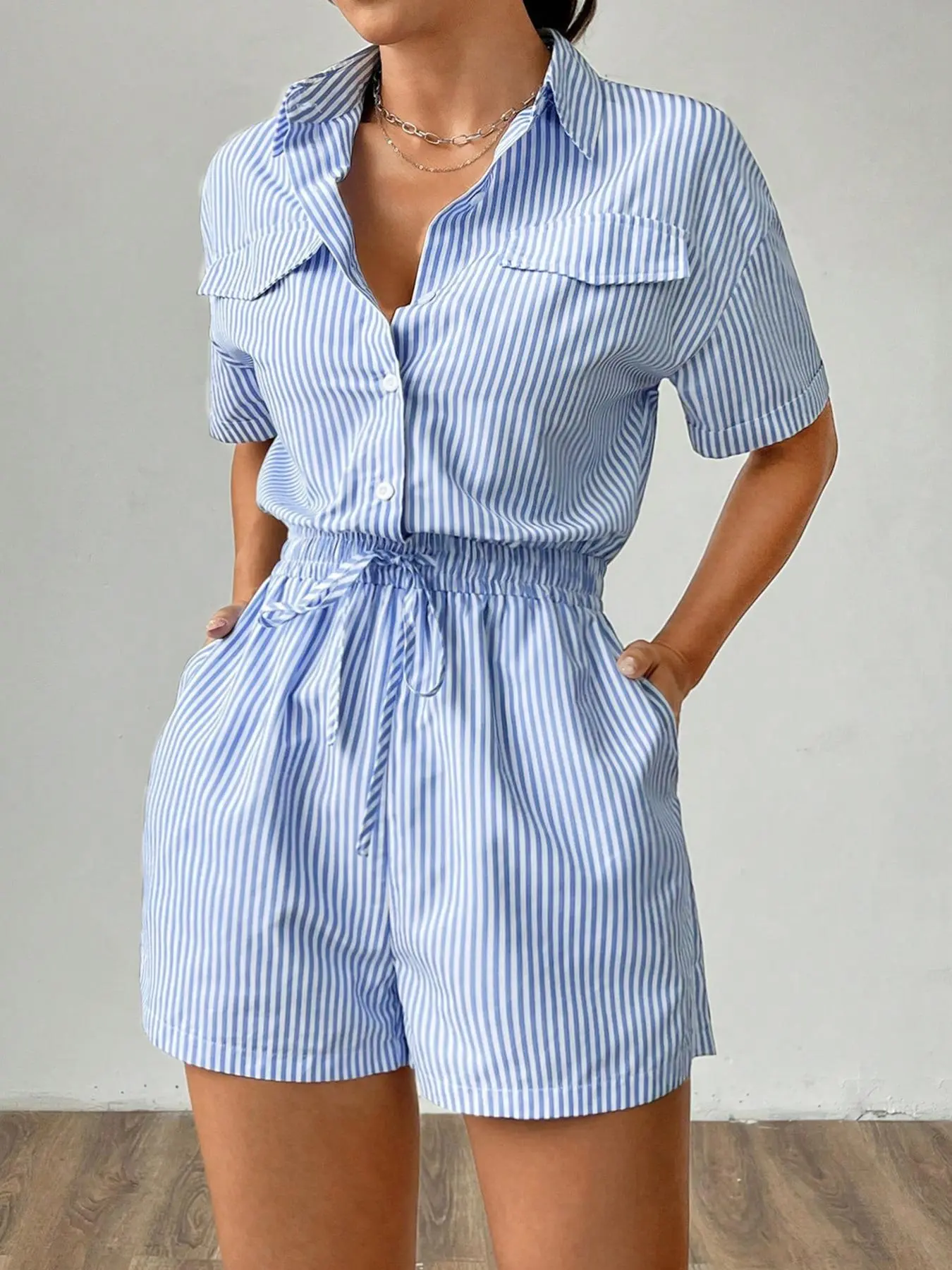 Women's Striped Print Romper, Elegant Casual Short Sleeve Romper for Summer, Women's Clothes for Daily Wear
