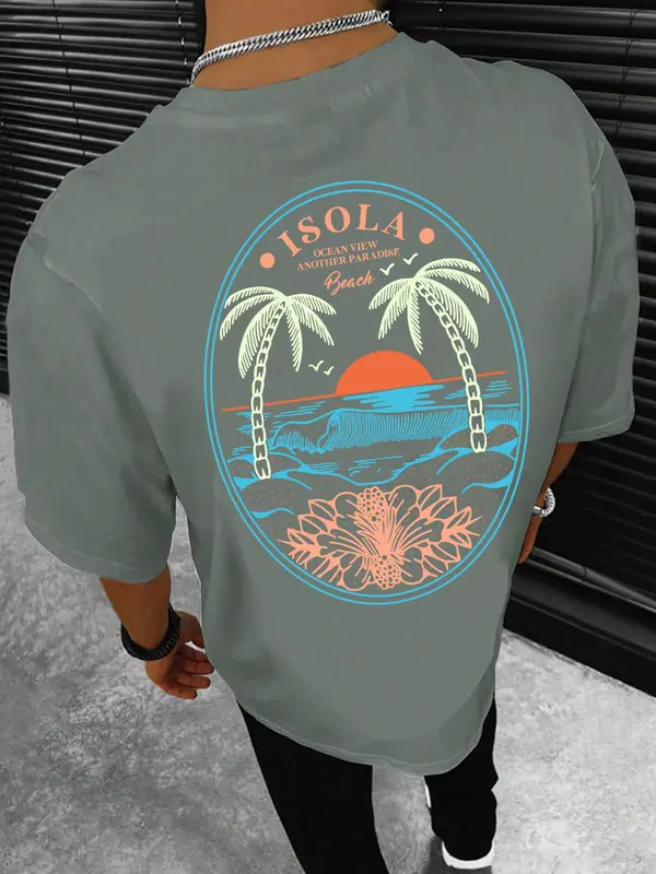 Unisex Regular Fit Landscape Print Round Neck Tee, Coconut Tree Print Crew Neck T-shirt for Unisex, Street Fashion Casual Comfy Knitting Top for Summer, Menswear 2