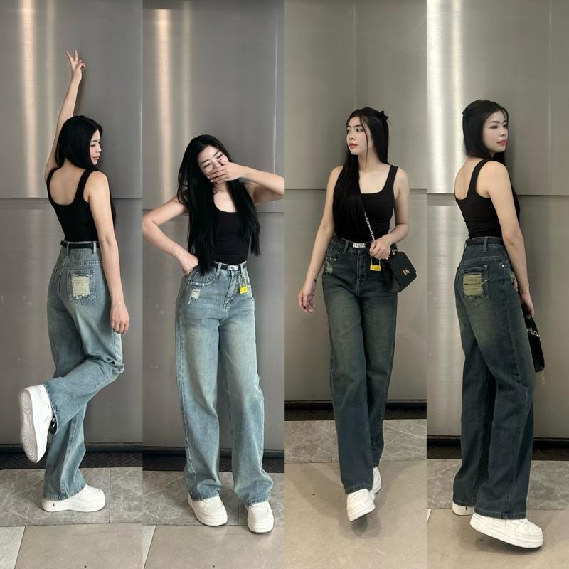 Quần jean nữ suông trơn xước túi trước rách túi sau V.M V30 và V31 (S-2XL)