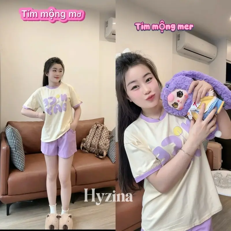 Set Bộ Quần Áo Nữ, Họa Tiết Chữ NiceD, Chất Liệu Cotton Mịn, Chất Mát, Co Dãn Phù Hợp Mặc Nhà Đi Chơi Màu Đen Women 5