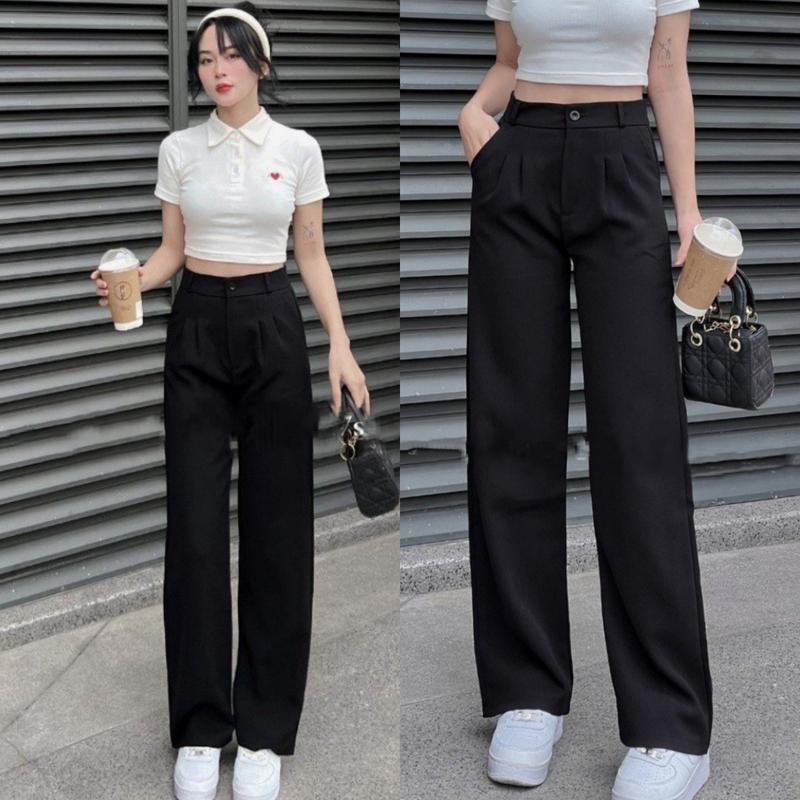 Quần Ống Rộng Suông Lưng Cao Khóa Trước 1 Khuy Giữa Chất Vải Tuyết Mưa Đen Quần Ống Xuông Cạp Cao Dáng Tây Dài Đẹp Pants Nữ Ong Women