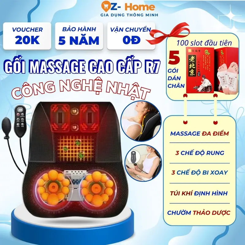 Gối massage hồng ngoại cao cấp có remote cầm tay động cơ rung, Máy mát xa cổ vai gáy lưng chân có nam châm từ tính, 20 bi xoay, bóp khí cầm tay hỗ trợ matxa toàn thân 1