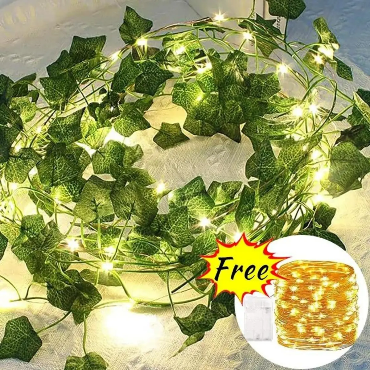 Artificial Plant Green Ivy Leaf with Fairy Light Garland Silk Wall Hanging Vine DIY Fake Wreath Leaves Home Garden Decorations