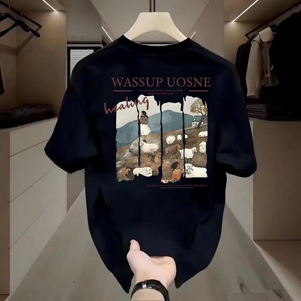 100% Katun Retro Balap Cetak Kasual Longgar Lengan Pendek S-Shirt Domba Gadis Kaos