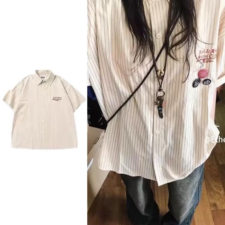 Áo Sơ Mi Tay Ngắn SỌC KEM Dáng Rộng Thời Trang Mùa Hè Phong Cách Hàn Quốc Cho Nữ