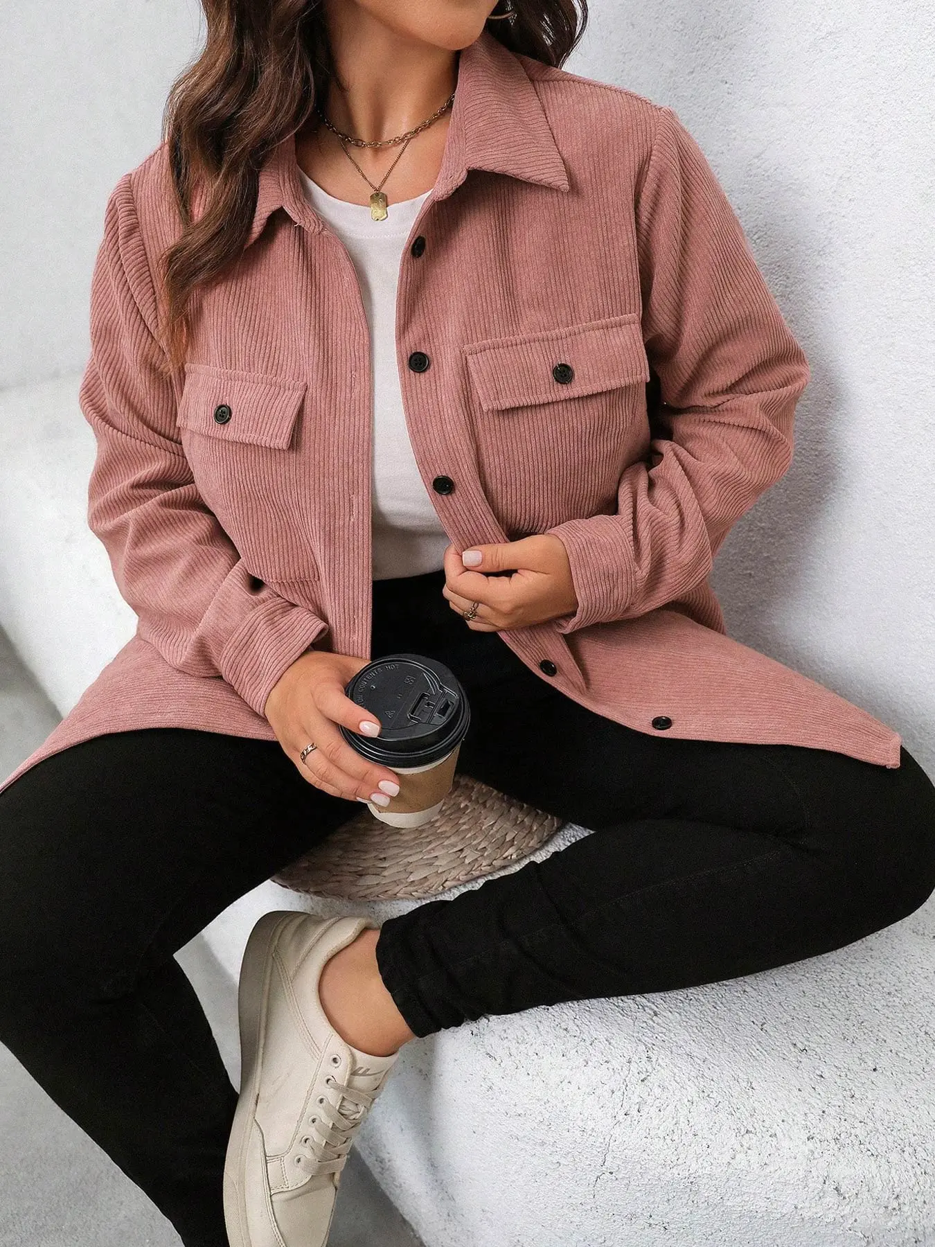 【Plus Size】Solid Button Pocket Corduroy Jacket, Casual Long Sleeve Collared Outerwear for Fall & Winter, Women's Clothes for Daily Wear