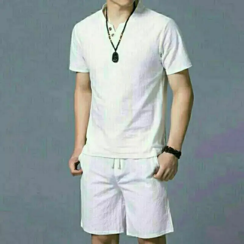 Bộ Quần Áo Nam Cổ V  Tay  Ngắn Quần Đùi Chất Liệu Vải Đũi Mềm Mịn, Nhẹ Nhàng, Thấm Hút Mồ Hôi Tốt Menswear Sơ Mi Xanh Dương Shirt Cotton Polo 3