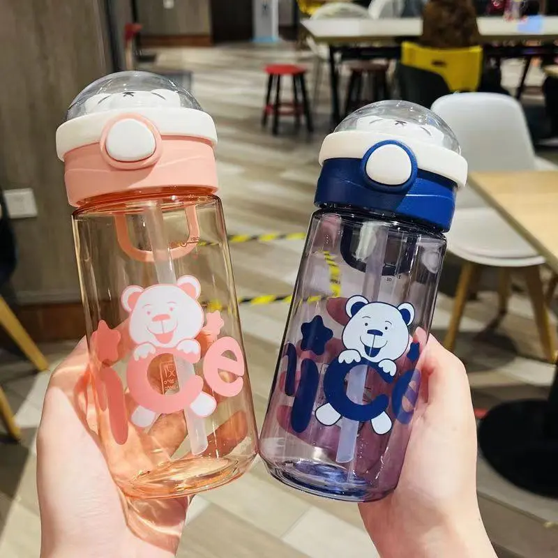 1Pcs 550/650ml Cute Water Bottle for Girls with Lid Straw Sticker Plastic Juice Milk Portable Kawaii Tumbler Children's Drinkware