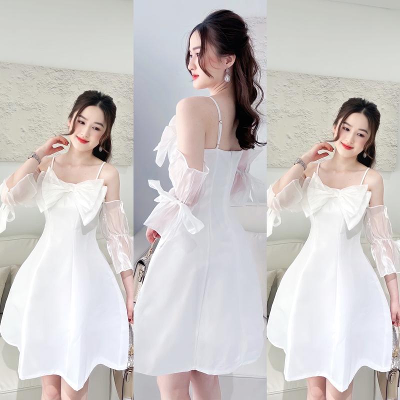 Váy Trễ Vai Phối Tay Nơ Trước Váy chữ A Dáng Ngắn Trên gối chất Tafta Có Mút Lot Đúp Phối Voan Tơ Mịn Phong Cách NHẹ Nhàng Màu Trắng Đen Phong Cách Sang Trọng Dành Cho Nữ Đủ Size ( DÂY TRƠN) - TV96 Dress Đầm Women