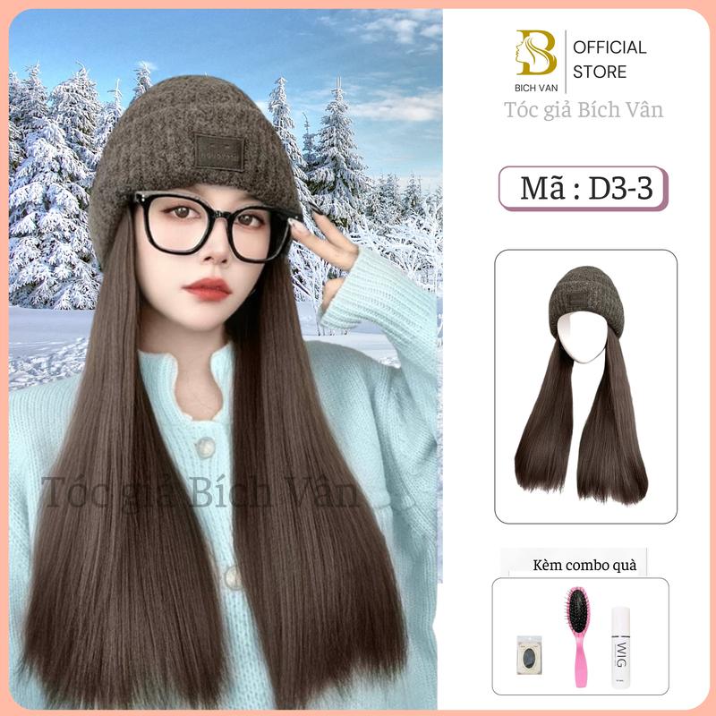 Tóc giả mũ len thẳng suông Bích Vân nón len tóc giả dài 60cm