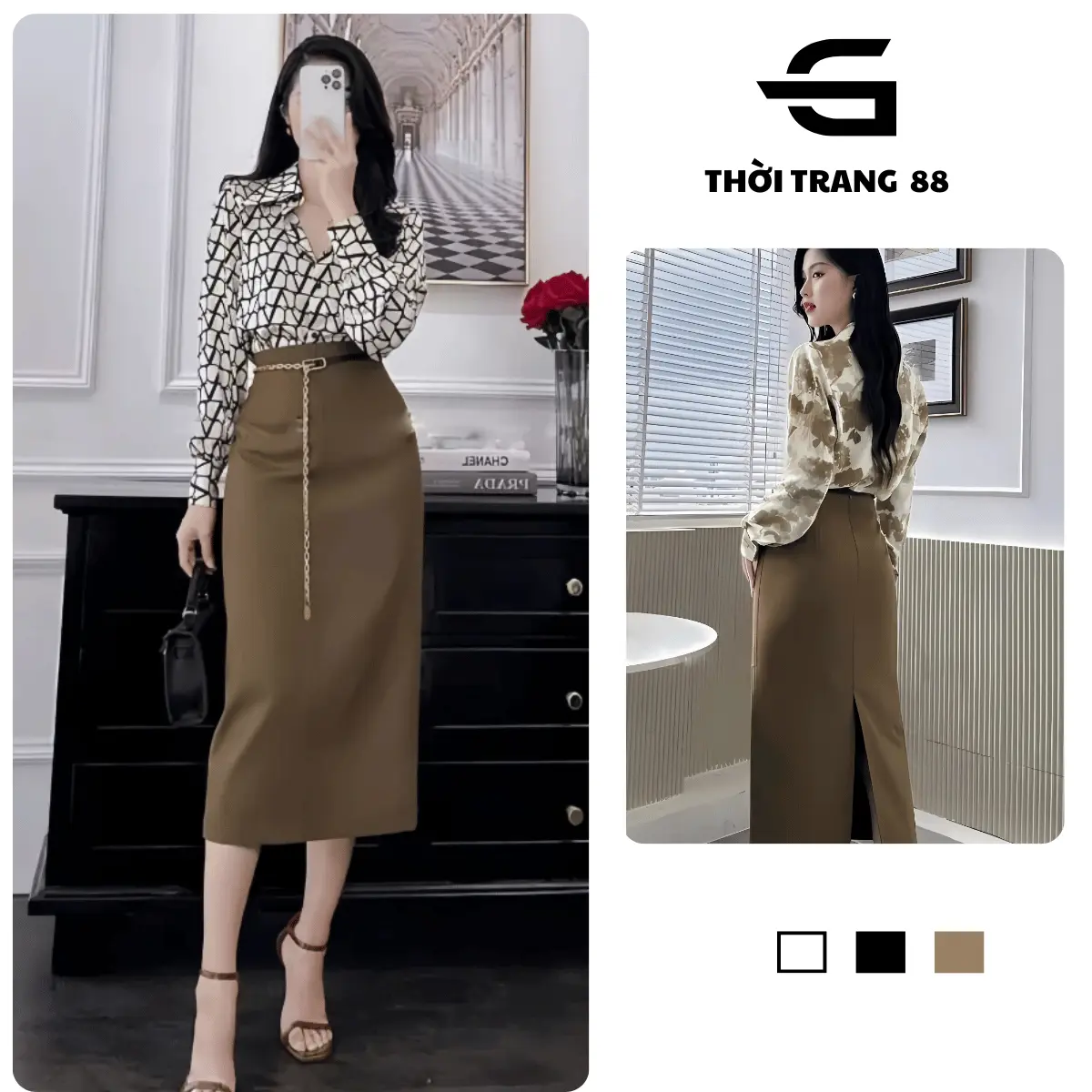 Chân váy thời trang công sở CV044 - Váy suông hack eo, dài 75cm - Nữ, Voi