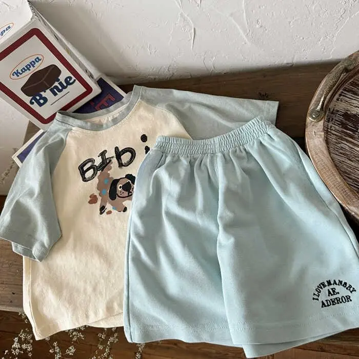 Áo Thun Raglan Hoạt Hình, Cho Bé Trai, ngắn Tay, Mỏng Và Thường Ngày, Quần Đùi Trẻ Em, Dáng Rộng, Thích Hợp Cho Thể Thao, Bộ Đồ Hai Mảnh, Thời Trang 2