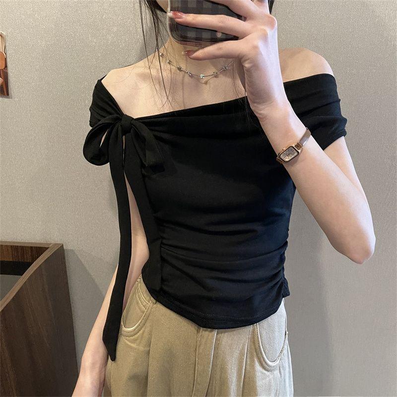 Áo Phông Trễ Vai Áo Ngắn Buộc Dây Nhỏ Mùa Hè, Dành Cho Nữ, Kiểu Trễ Vai 4